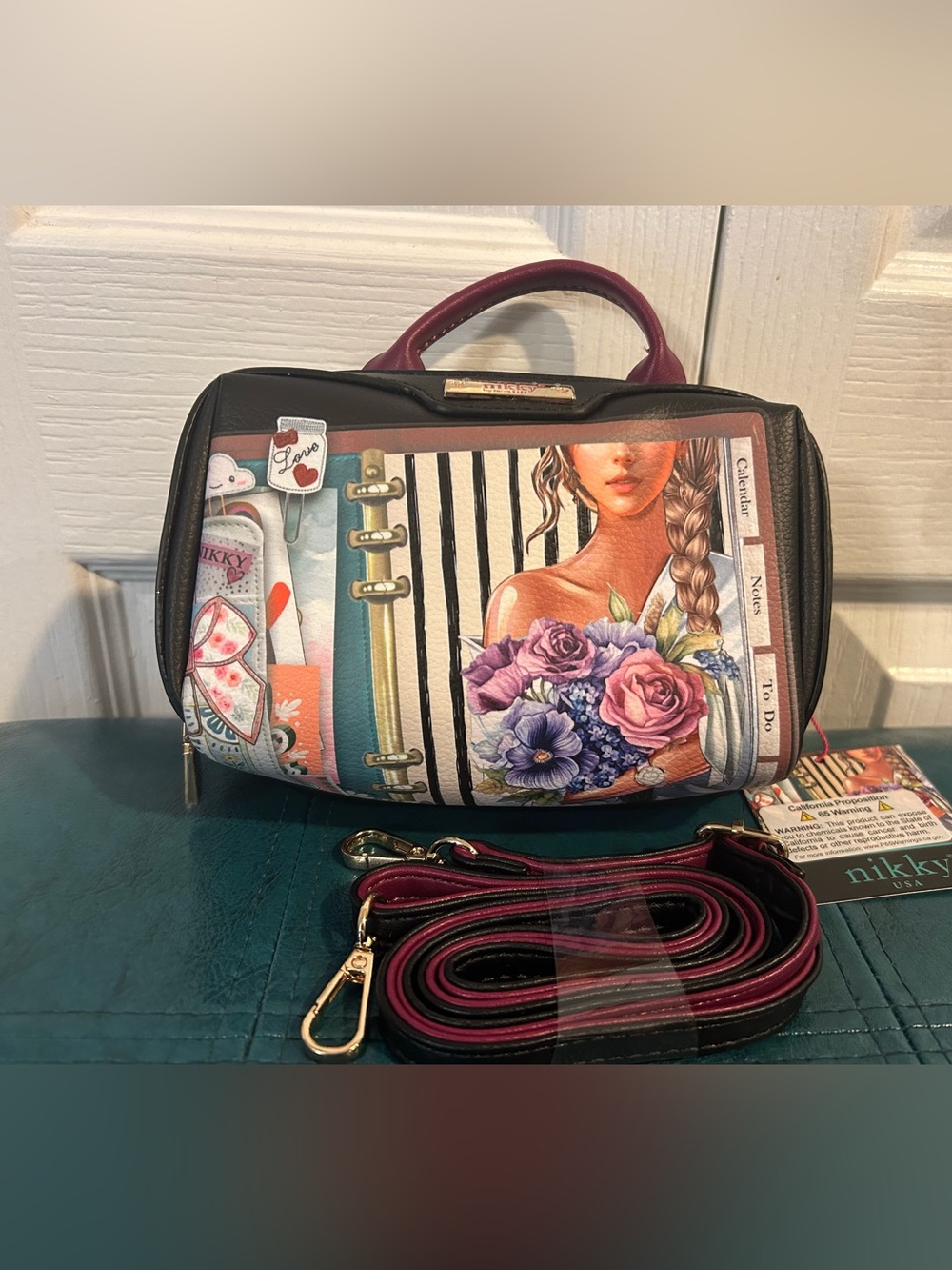 Nicole Lee Floral Illustration Dome Satchel in Black & Burgundy